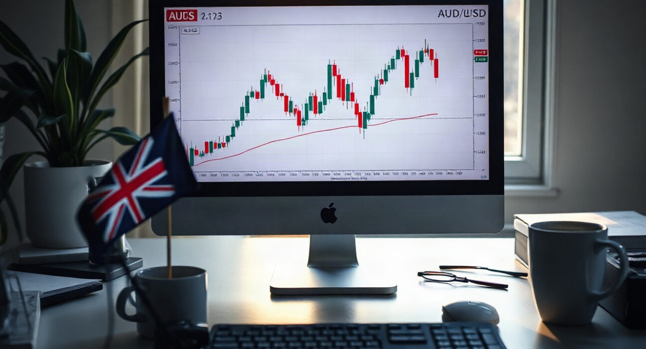 Analyst desk with AUD/USD chart on screen, Australian and US flags in background