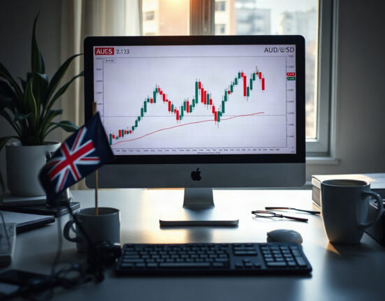 Analyst desk with AUD/USD chart on screen, Australian and US flags in background