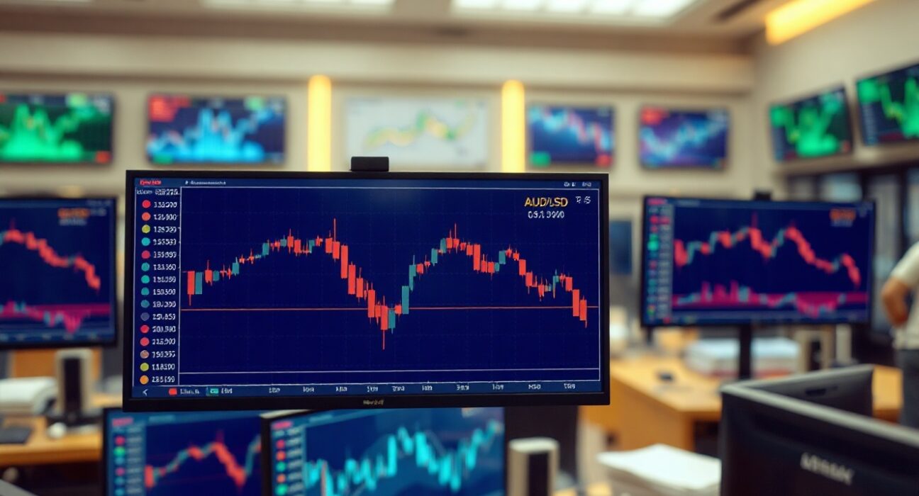 AUD/USD currency pair chart on a trading screen with downward trend