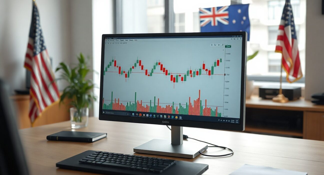 AUD/USD chart analysis on a computer monitor in a modern office setting