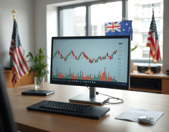 AUD/USD chart analysis on a computer monitor in a modern office setting