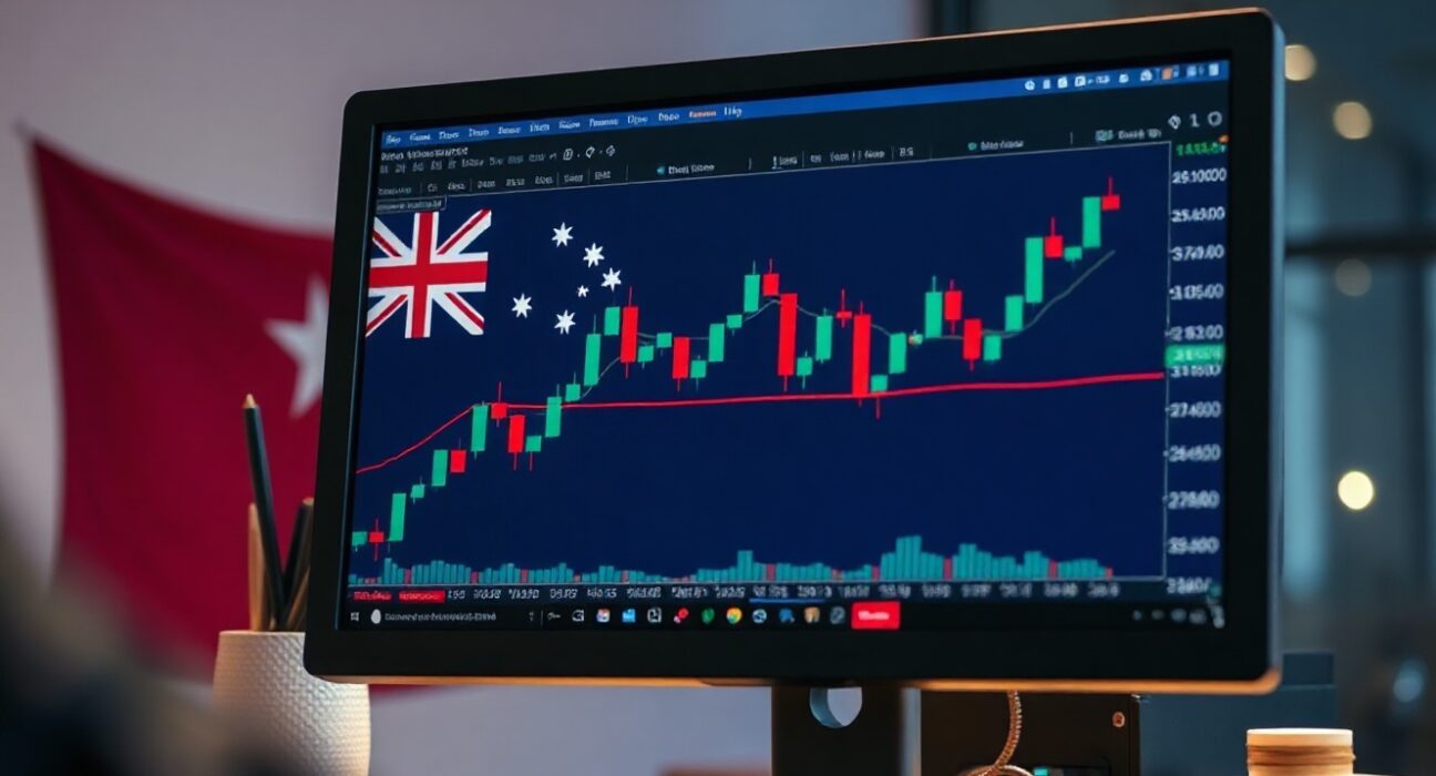 AUD/USD currency chart on a trading screen with Australian flag reflection