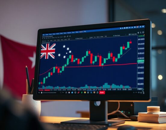 AUD/USD currency chart on a trading screen with Australian flag reflection