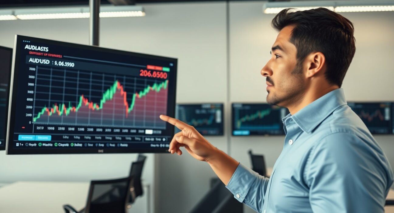 Financial analyst monitoring AUD/USD chart with 0.6950 level highlighted in modern newsroom