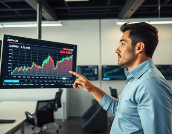 Financial analyst monitoring AUD/USD chart with 0.6950 level highlighted in modern newsroom
