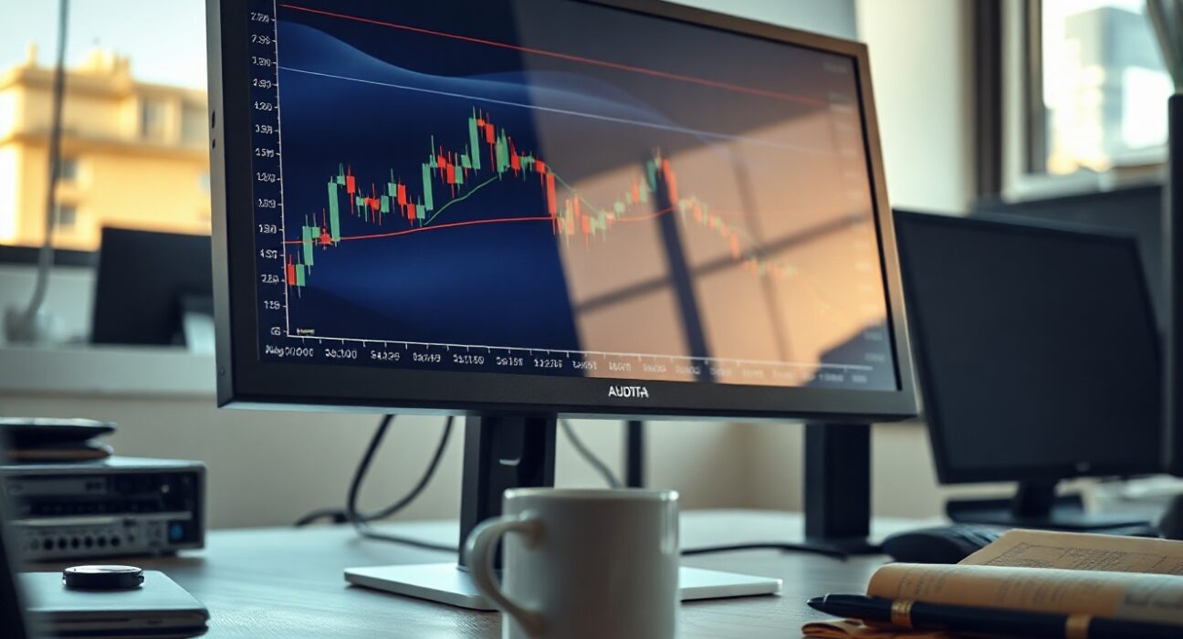 AUD/USD chart analysis on a computer screen with Australian flag reflection, representing Societe Generale's forecast.