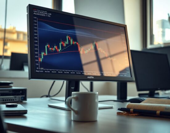 AUD/USD chart analysis on a computer screen with Australian flag reflection, representing Societe Generale's forecast.