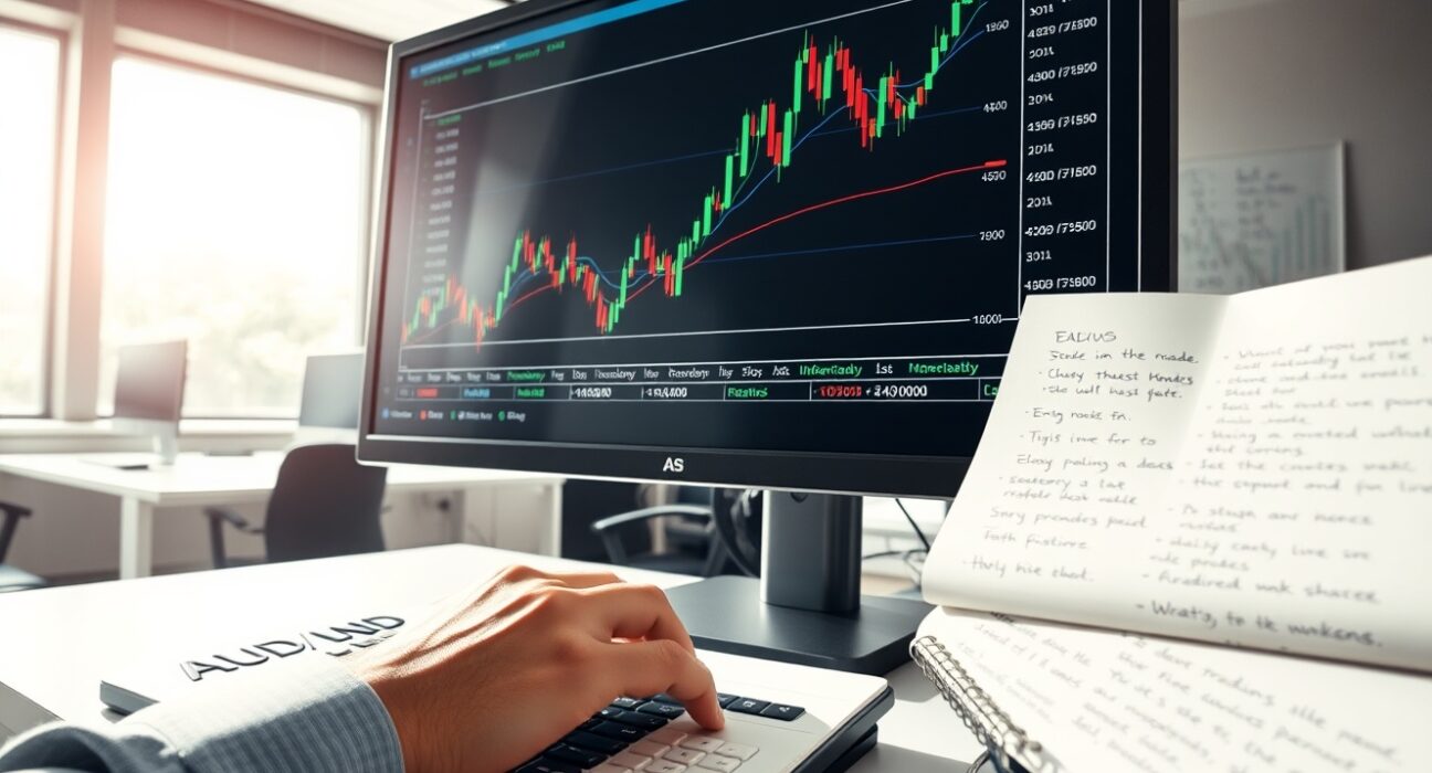 Professional analysis of AUD/USD currency pair showing volatile price movements within a defined trading range on forex chart.