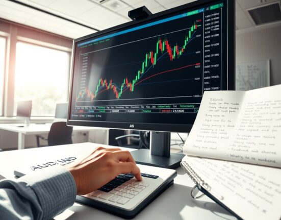 Professional analysis of AUD/USD currency pair showing volatile price movements within a defined trading range on forex chart.