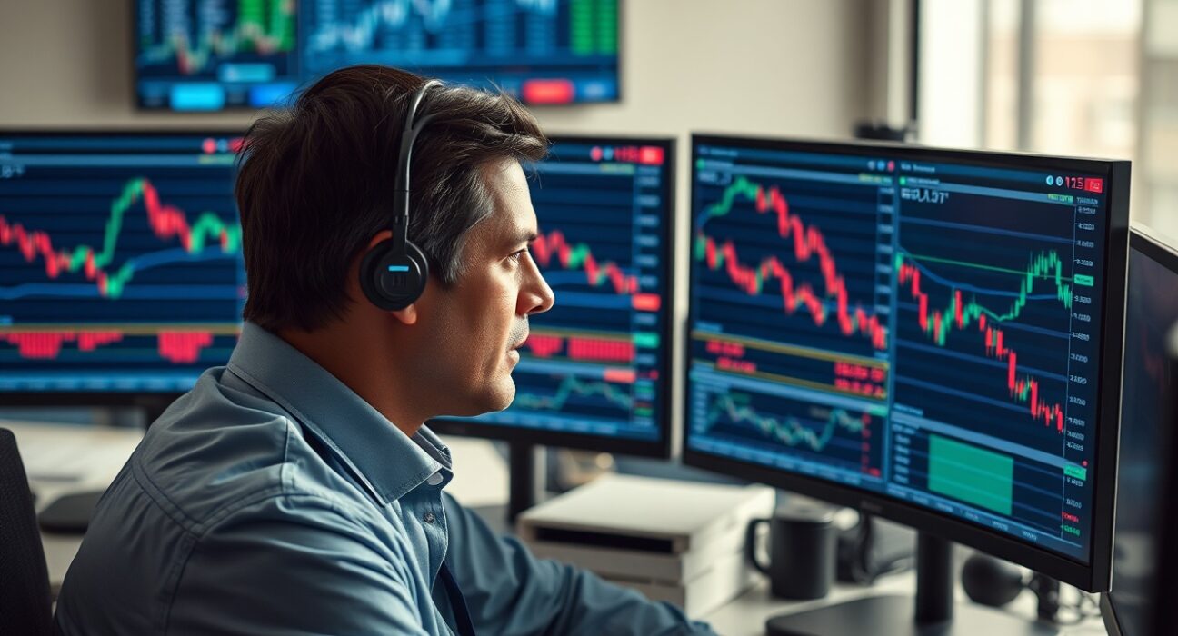 Financial analyst monitoring AUD/USD forex charts showing a downward trend in a professional office.