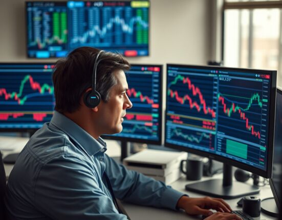 Financial analyst monitoring AUD/USD forex charts showing a downward trend in a professional office.