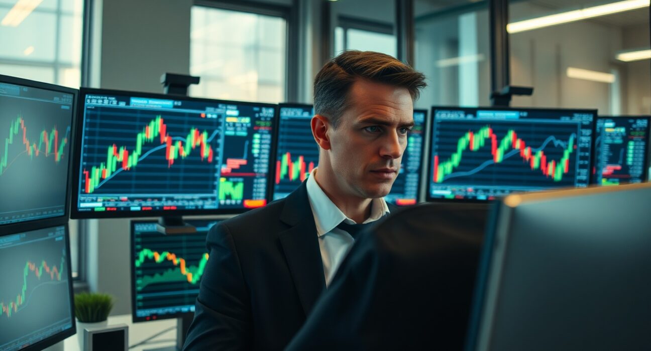 Financial trader analyzing AUD/USD forex charts on multiple monitors in a professional office setting