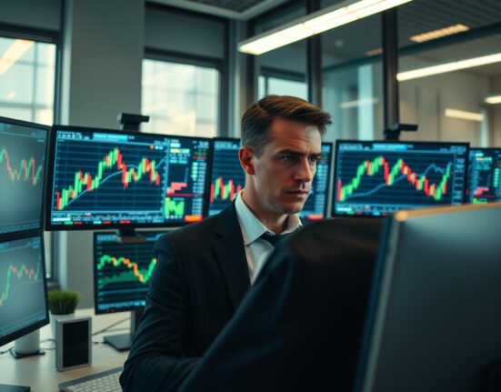 Financial trader analyzing AUD/USD forex charts on multiple monitors in a professional office setting