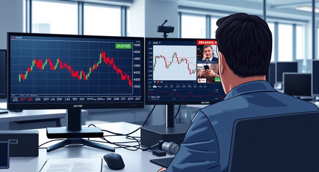 Forex trading desk monitoring AUD/USD decline amid Middle East tensions and RBA news.