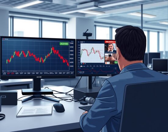 Forex trading desk monitoring AUD/USD decline amid Middle East tensions and RBA news.