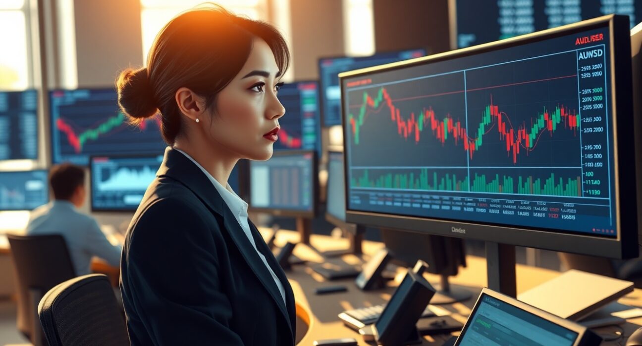 Trader analyzing AUD/USD forex chart showing decline due to Trump-related market volatility and US Dollar strength.