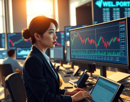 Trader analyzing AUD/USD forex chart showing decline due to Trump-related market volatility and US Dollar strength.