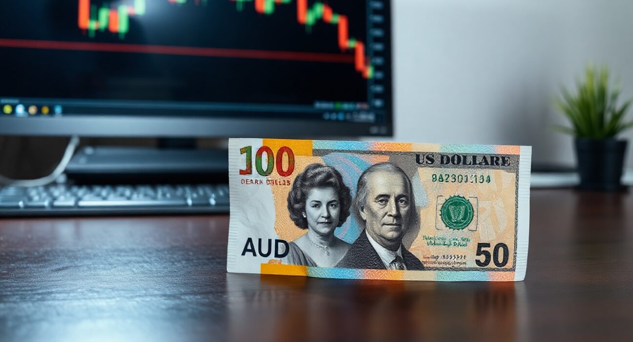 Australian Dollar and US Dollar banknotes on a desk with a forex chart in the background.