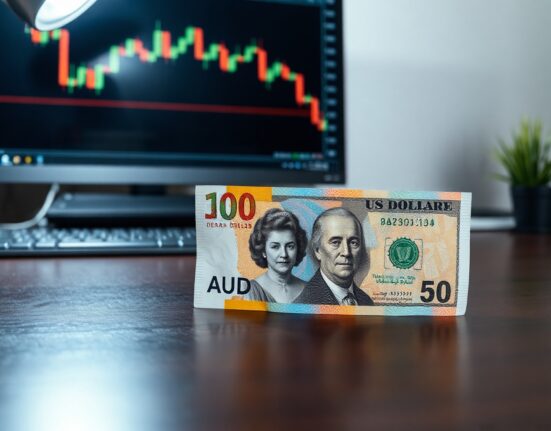 Australian Dollar and US Dollar banknotes on a desk with a forex chart in the background.