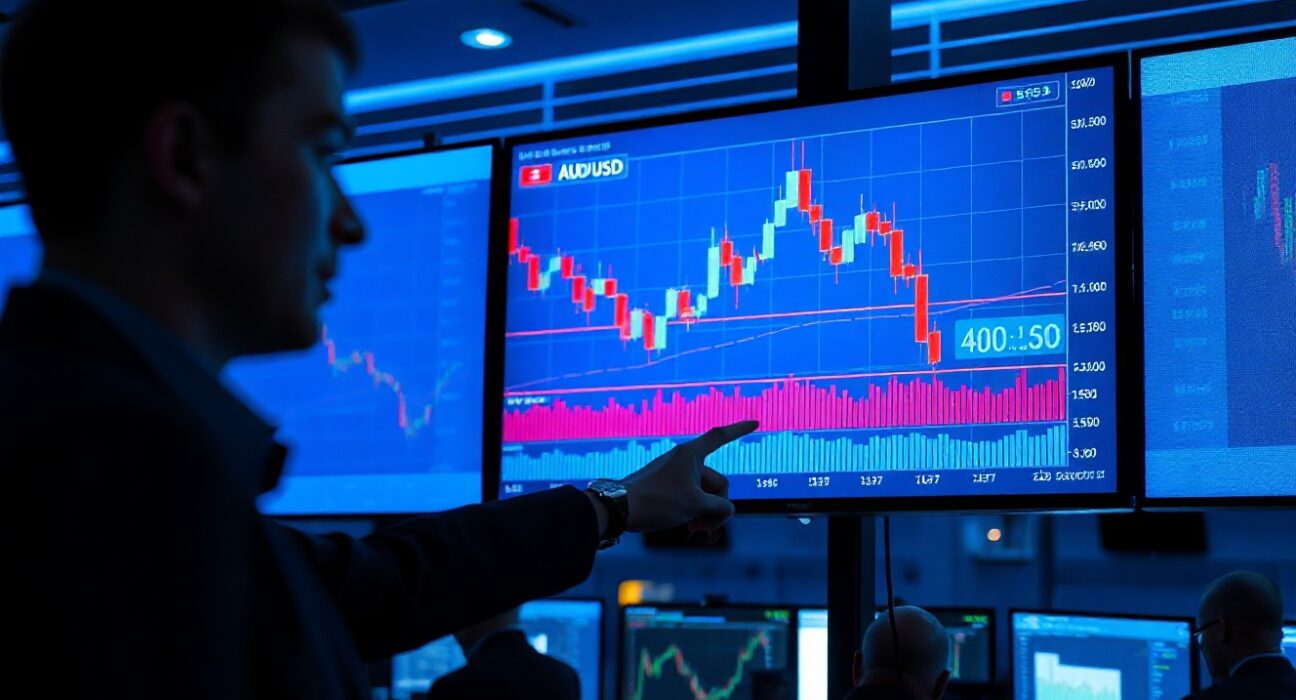 Analyst pointing at a screen showing a declining AUD/USD chart on a trading floor.