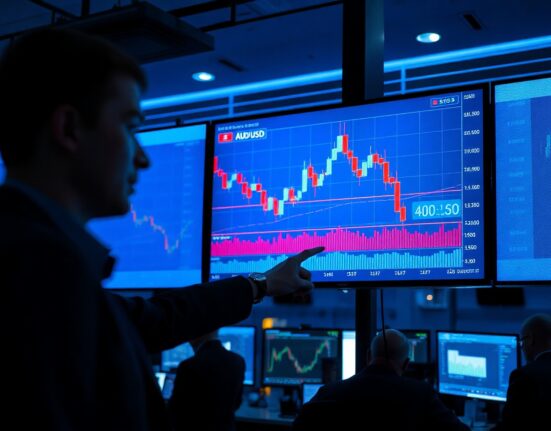 Analyst pointing at a screen showing a declining AUD/USD chart on a trading floor.