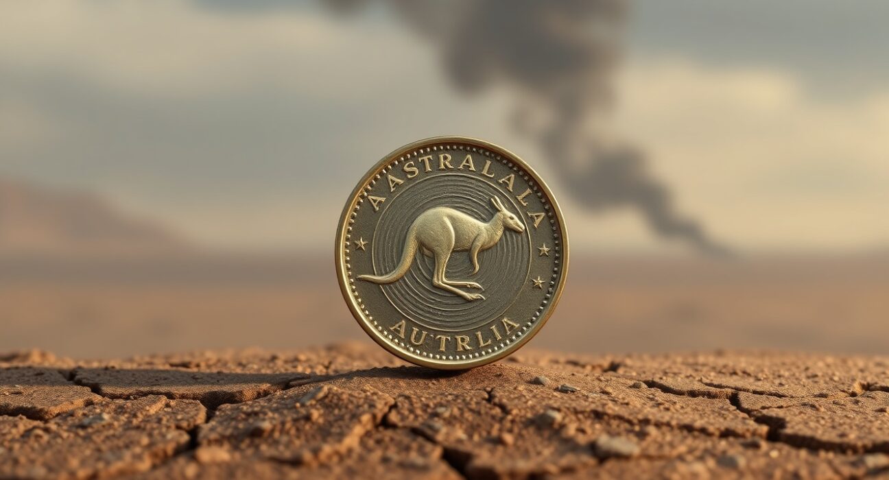 AUD coin on cracked earth representing war risks challenging recent strength per Societe Generale analysis