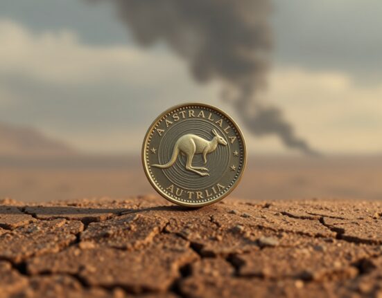 AUD coin on cracked earth representing war risks challenging recent strength per Societe Generale analysis