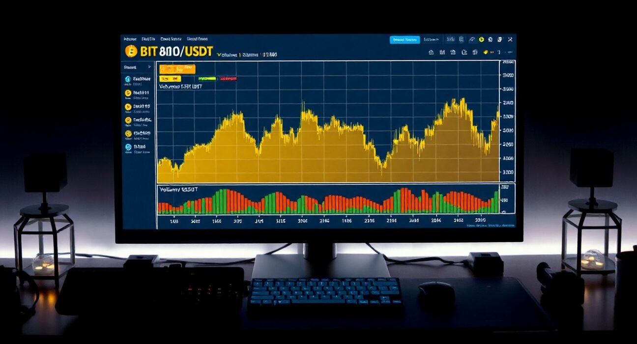 BTC/USDT trading chart with volume heatmap and cumulative volume delta lines on a monitor