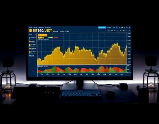 BTC/USDT trading chart with volume heatmap and cumulative volume delta lines on a monitor