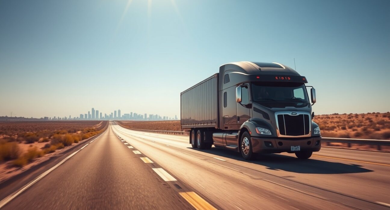 Aurora autonomous truck driving on a Texas highway with sensor arrays visible on the cab
