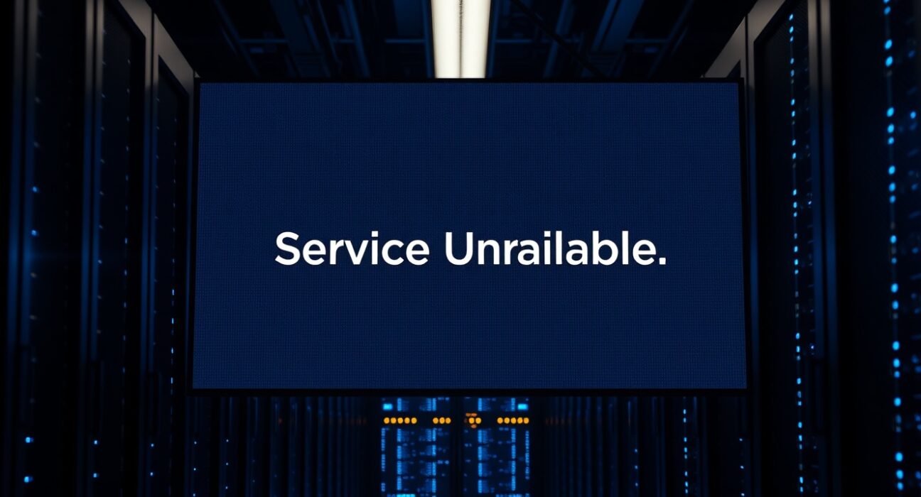 A digital screen displaying a network error message in a dark server room, representing the Aurora mainnet outage.