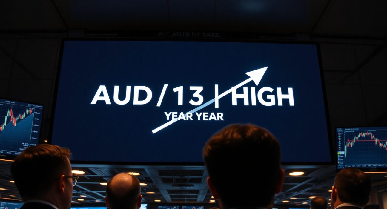Financial market display showing AUD/NZD currency pair at a 13-year high on a trading floor