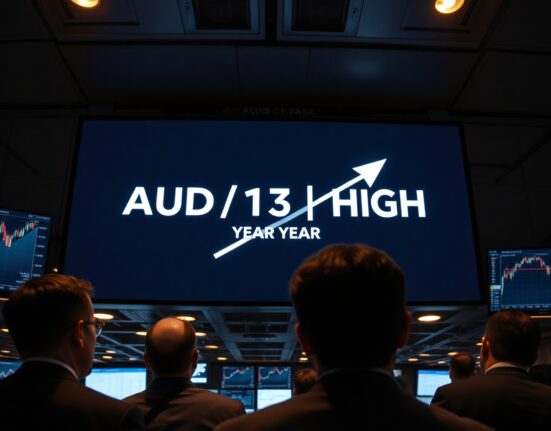 Financial market display showing AUD/NZD currency pair at a 13-year high on a trading floor