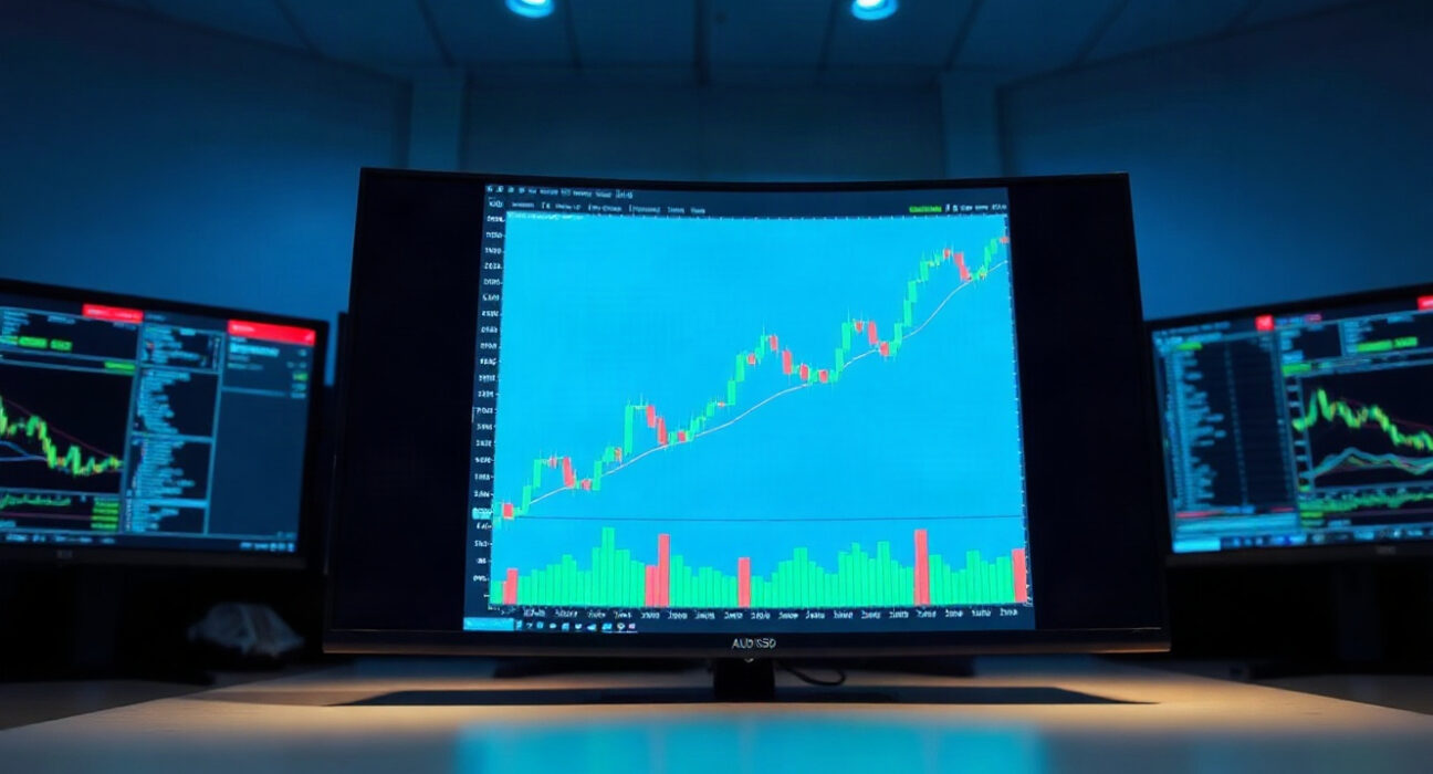 AUD/USD chart showing upward trend on a trading screen in a financial newsroom setting