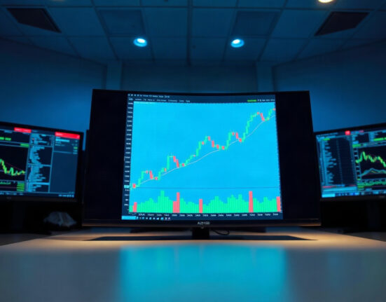 AUD/USD chart showing upward trend on a trading screen in a financial newsroom setting