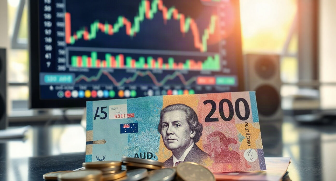 Australian dollar banknotes and coins on a desk with a trading chart in the background