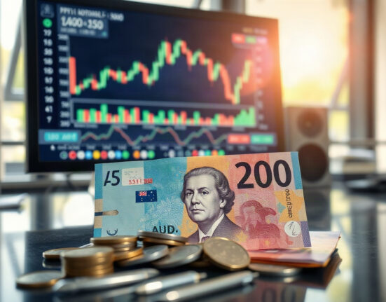 Australian dollar banknotes and coins on a desk with a trading chart in the background
