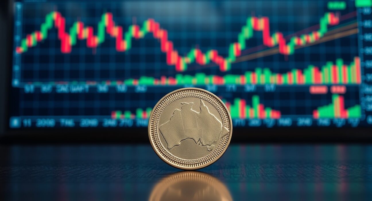 Australian dollar coin on a desk with financial charts in the background, representing forex and monetary policy news.