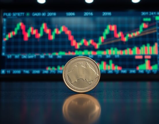 Australian dollar coin on a desk with financial charts in the background, representing forex and monetary policy news.