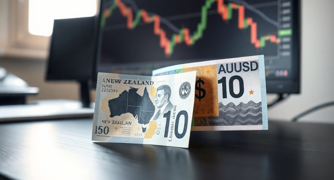 Australian and New Zealand dollar banknotes on a trading desk with a declining AUD/USD chart in the background