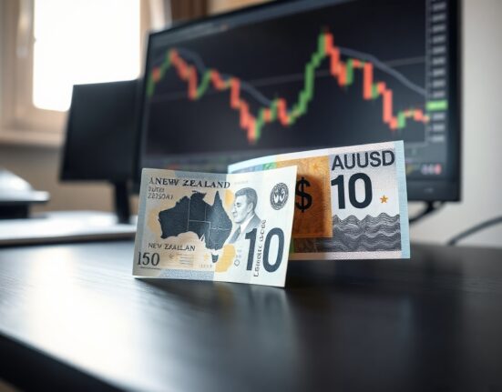 Australian and New Zealand dollar banknotes on a trading desk with a declining AUD/USD chart in the background
