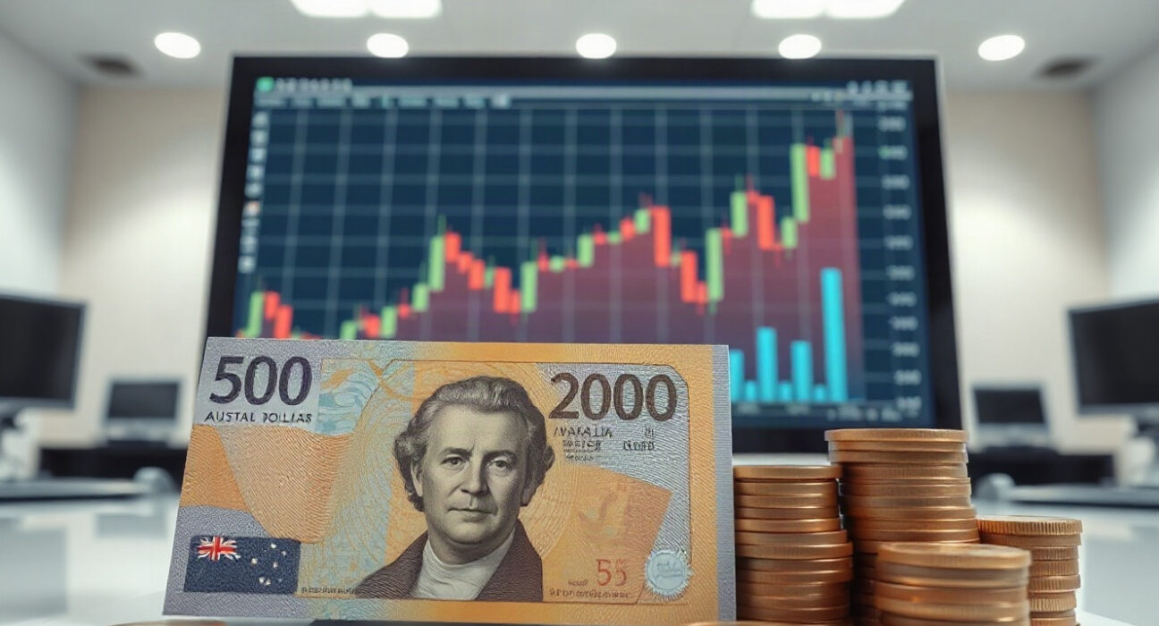 Australian dollar banknotes and coins with a rising chart on a monitor in a financial newsroom