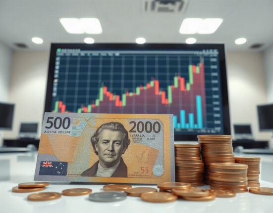 Australian dollar banknotes and coins with a rising chart on a monitor in a financial newsroom