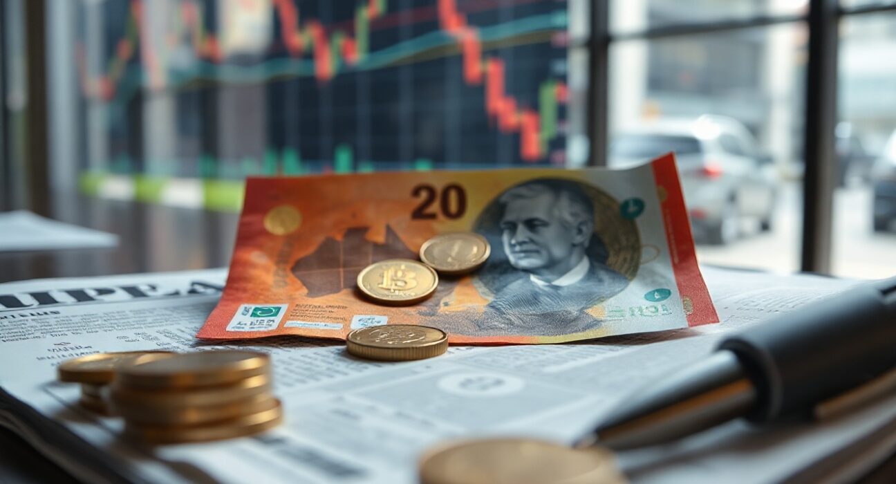 Australian dollar banknotes and coins on financial newspaper with stock charts
