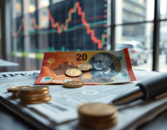 Australian dollar banknotes and coins on financial newspaper with stock charts