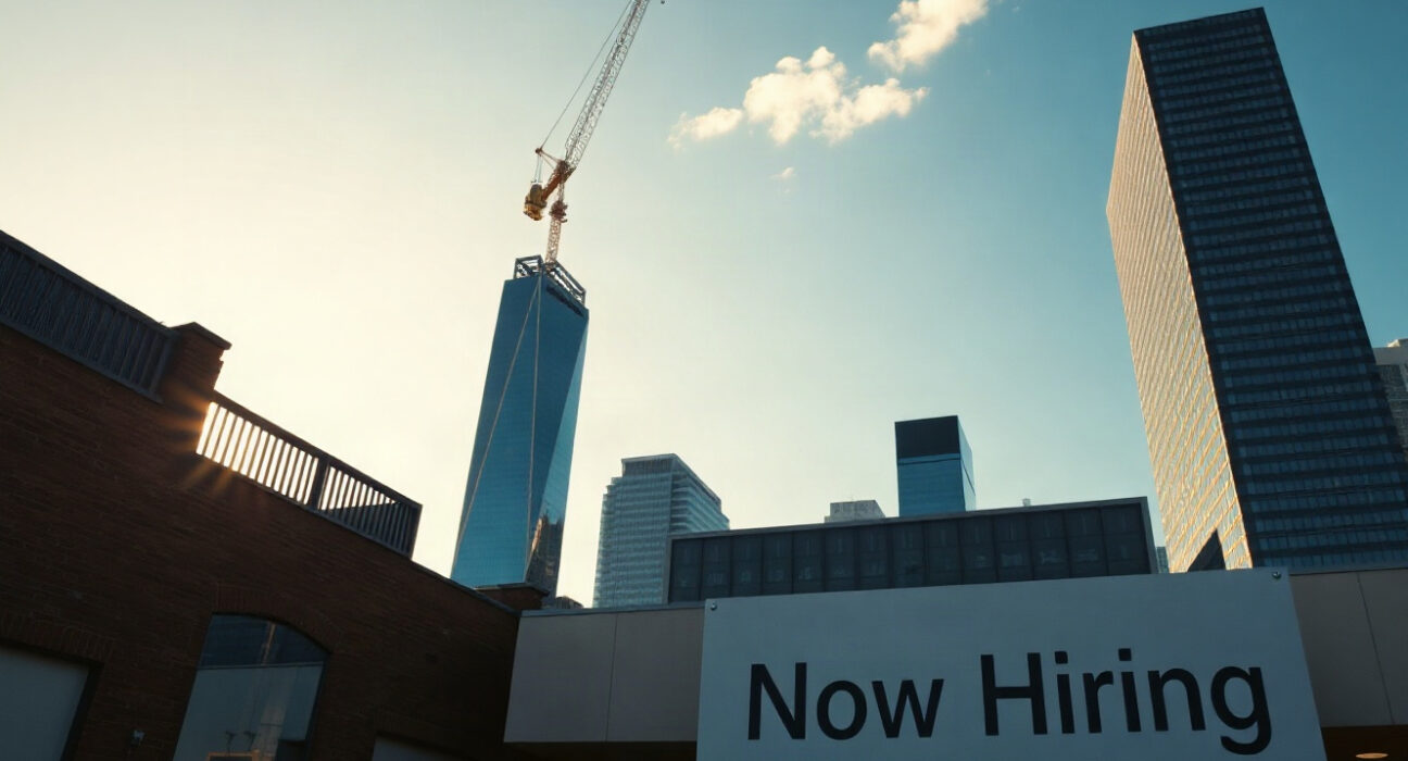Australian city skyline with a 'Now Hiring' sign, symbolizing rising job advertisements