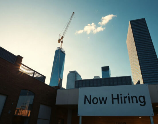 Australian city skyline with a 'Now Hiring' sign, symbolizing rising job advertisements