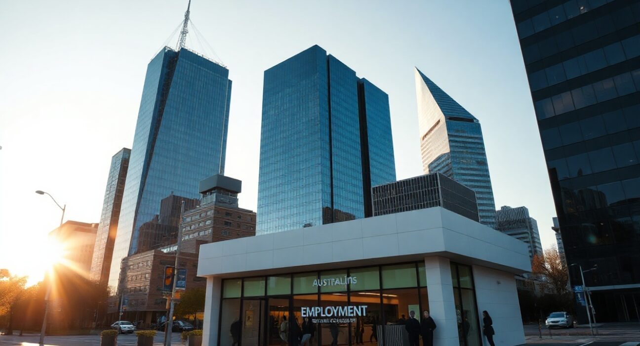 People entering a modern office building in an Australian city, symbolizing job market activity.