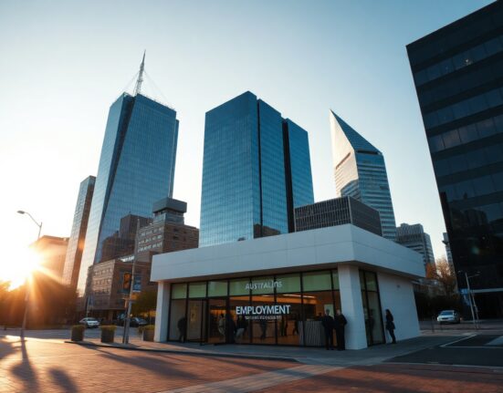 People entering a modern office building in an Australian city, symbolizing job market activity.