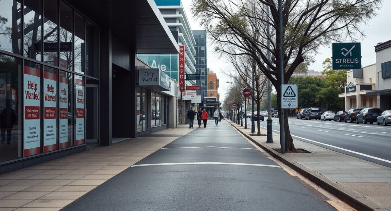 Quiet Australian street with fewer help wanted signs, reflecting a cooling job market in June.